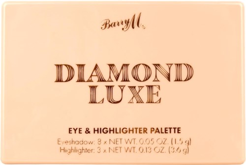 Et lyst lysebrunt øyeskygge og highlighter palett kalt Diamond Luxe av Barry M, med produktdetaljer skrevet på den.