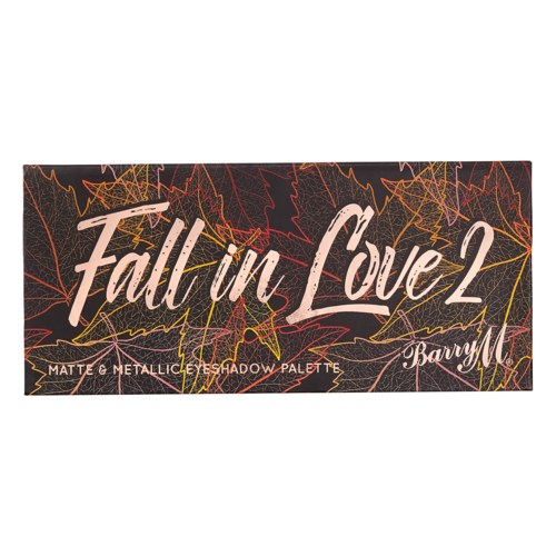 En sminkpalett kalt "Fall in Love 2" av Barry M, med mørk bakgrunn og fargerike løvdesign.