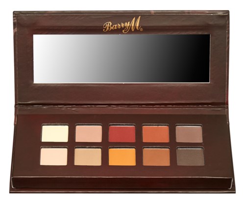 Makeup-palett med nio färgglada ögonskuggor och en stor spegel i ett brunt fodral.
