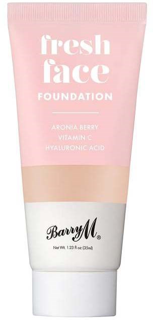 Pink tube of face foundation with berry flavor, containing vitamins and hyaluronic acid by Barry M.