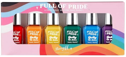 Sex färgglada nagellack i en rosa låda, alla märkta 'Full of Pride', med livfulla regnbågsfärger.