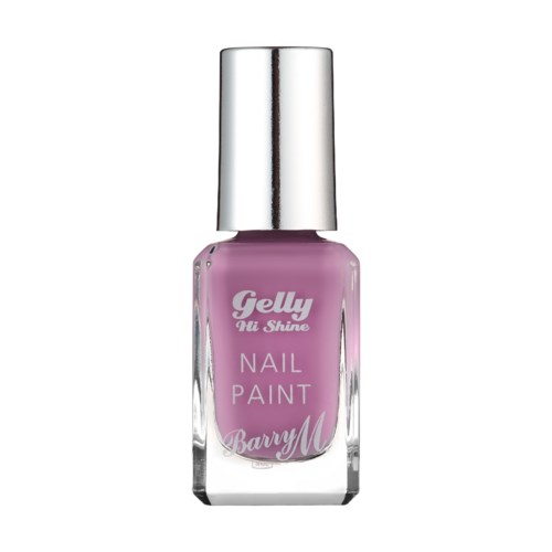 Rosa nagellack i en klar flaska med silverlock, märkt "Gelly Hi Shine" och "Barry M."