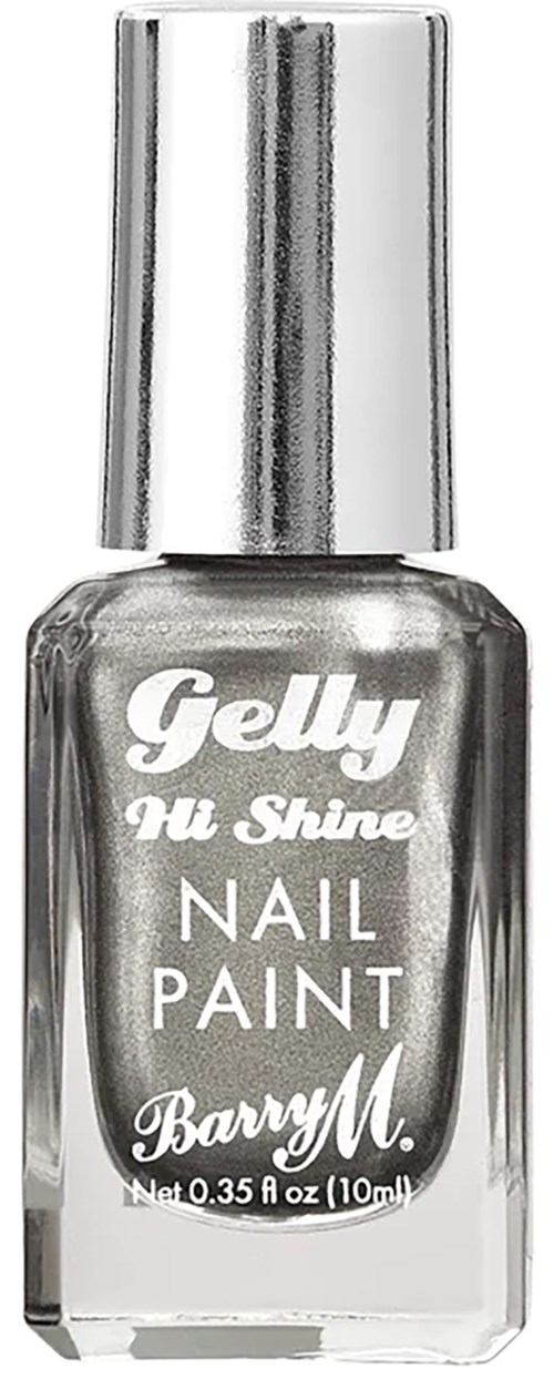 En tydlig glasflaska med nagellack från Gelly, med silverlock och etikett med märket 'Barry M'.