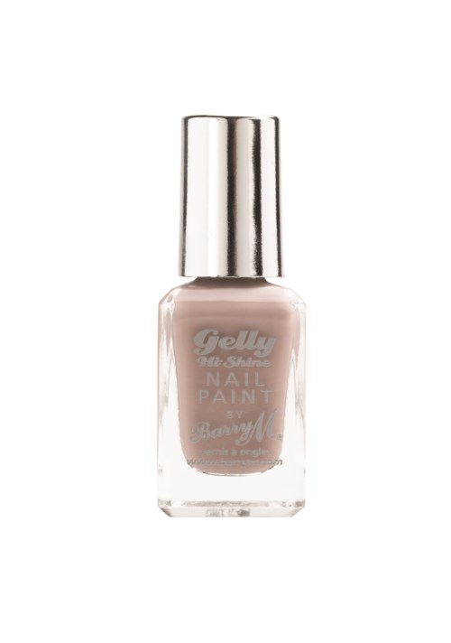 En flaska nagellack i rosa med silverkork, märkt Gelly med varumärket Barry M.