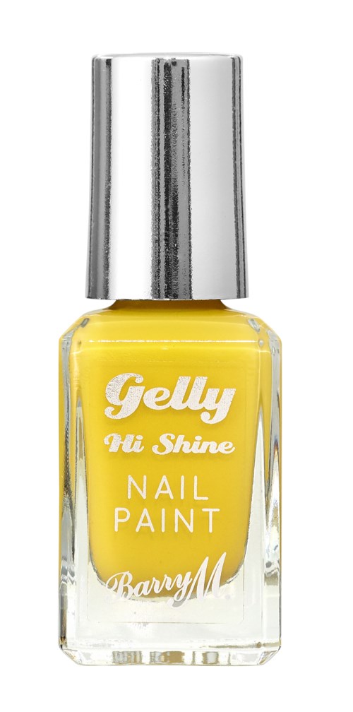 Gult nagellack i en genomskinlig flaska med en silverkork, märkt "Gelly Hi Shine Nail Paint" av Barry M.