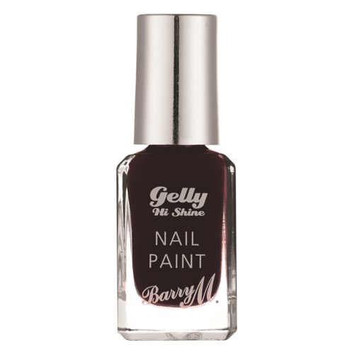 En mörklila nagellackflaska med silverhätta, märkt 'Gelly Hi Shine Nail Paint Barry M'.