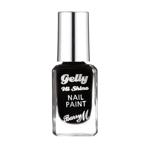 En svart nagellackflaska med silverlock, märkt "Gelly" och "Barry M".