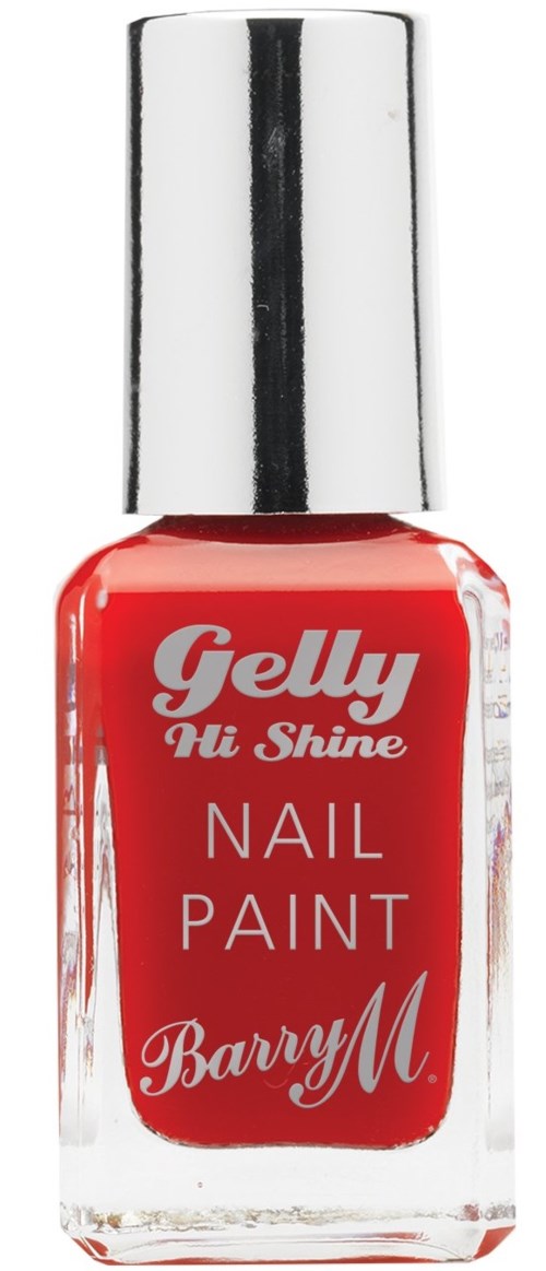 Röd nagellackflaska med silverlock, märkt "Gelly Hi Shine Nail Paint Barry M."
