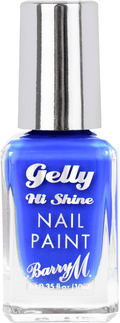 En blå flaska med Gelly Hi Shine nagellack med silverlock och vit text.