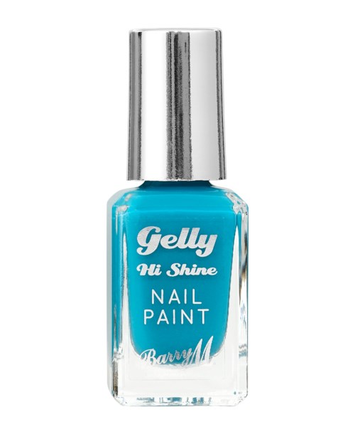 Blå nagellack i en genomskinlig flaska med silverlock, märkt 'Gelly Hi Shine Nail Paint.'