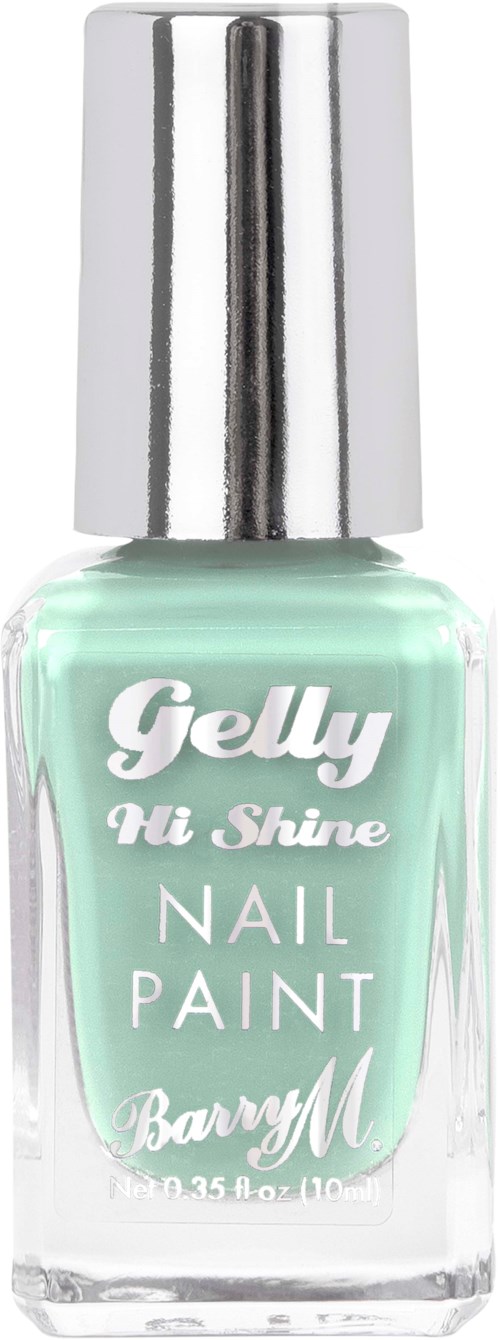 En flaska ljusgrön nagellack som heter Gelly Hi Shine av Barry M med en silverlock.