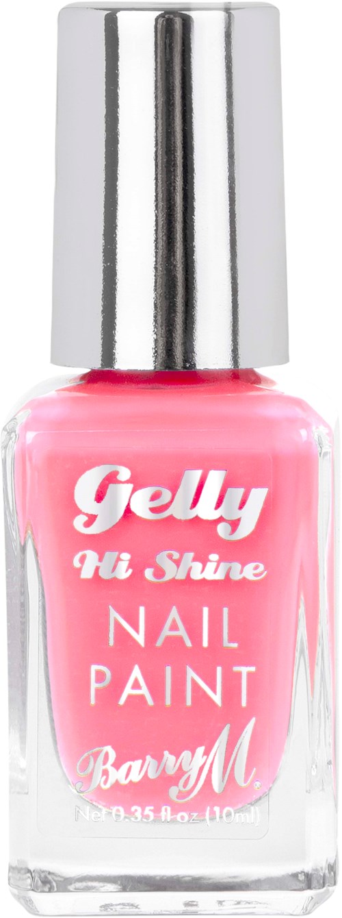 Rosa nagellackflaska märkt 'Gelly Hi Shine' av Barry M med ett silverlock.