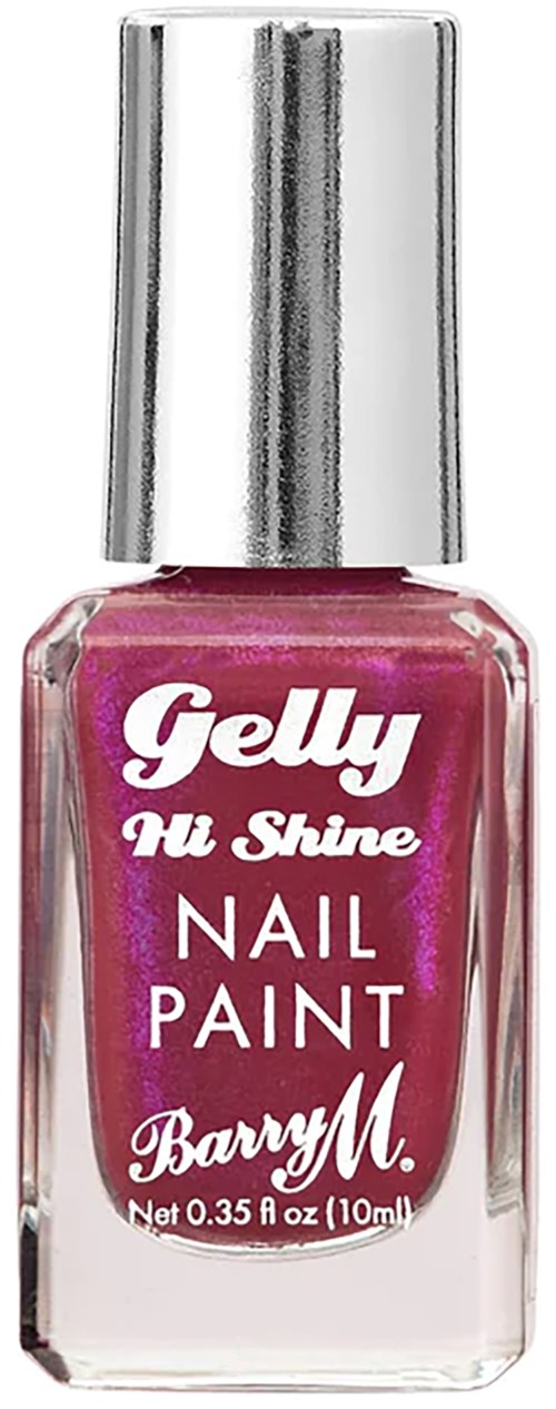 Rosa nagellacksflaska med en silverkork, märkt 'Gelly Hi Shine Nail Paint Barry M.'