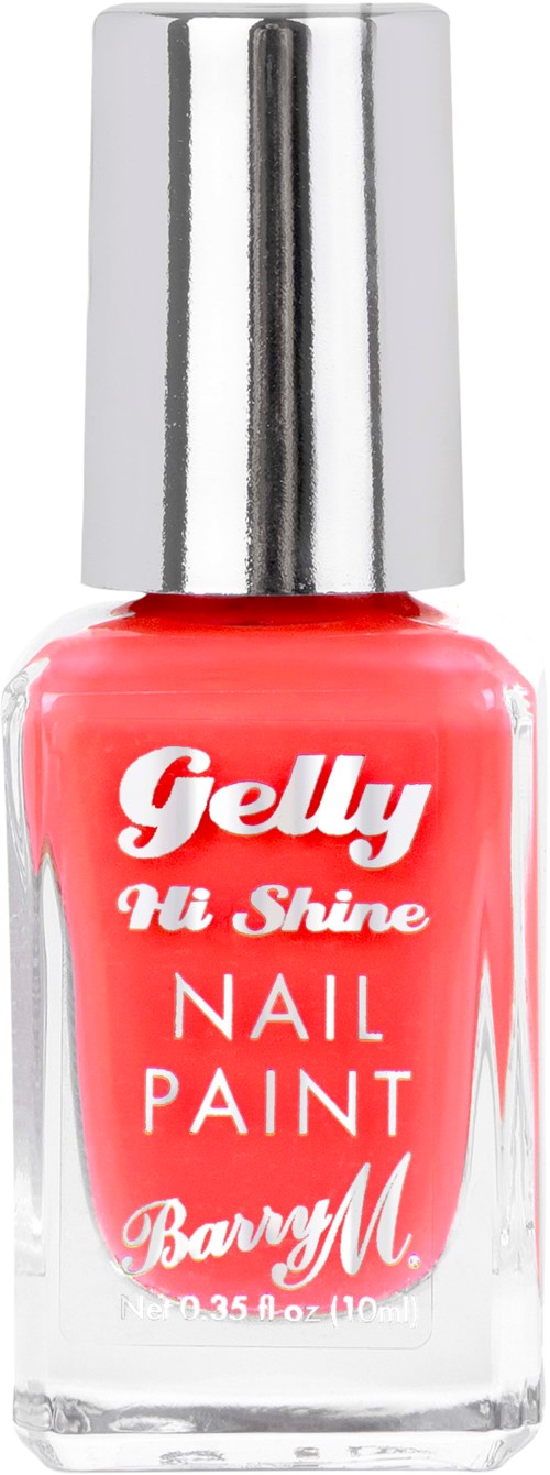 En liten flaska nagellack i korallrosa färg med en silverlock, märkt 'Gelly Hi Shine Nail Paint Barry M.'