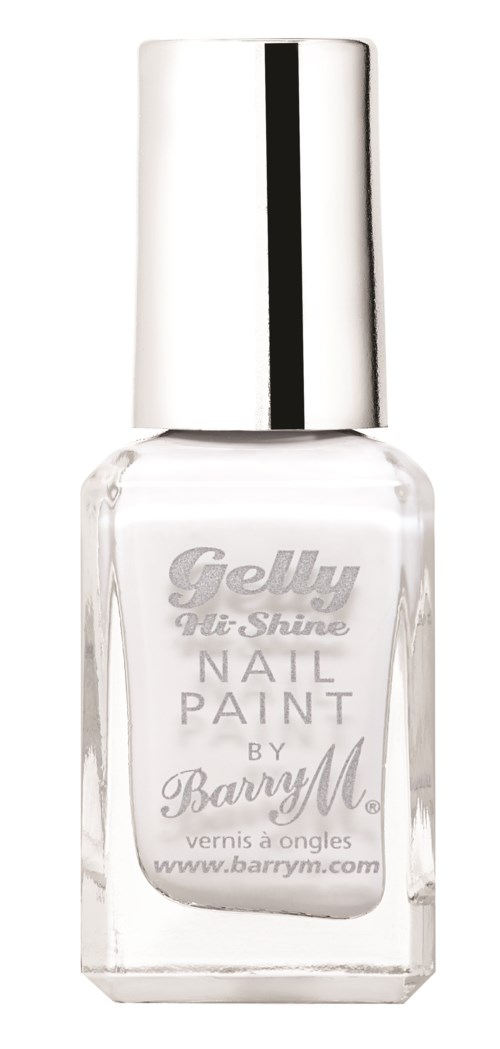 Klar nagellacksflaska med silverlock och vit lack. Etiketten har silver och grå text. Märket är Barry M.