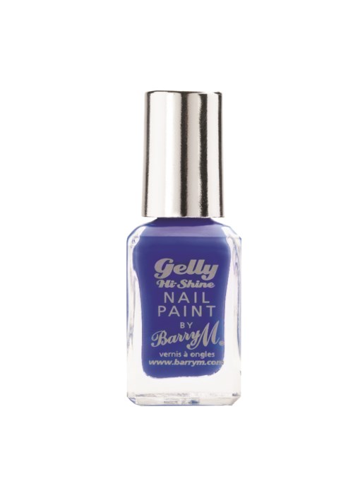 En liten flaska med lila nagellack och silverlock. Den är märkt 'Gelly Shine' av Barry M.