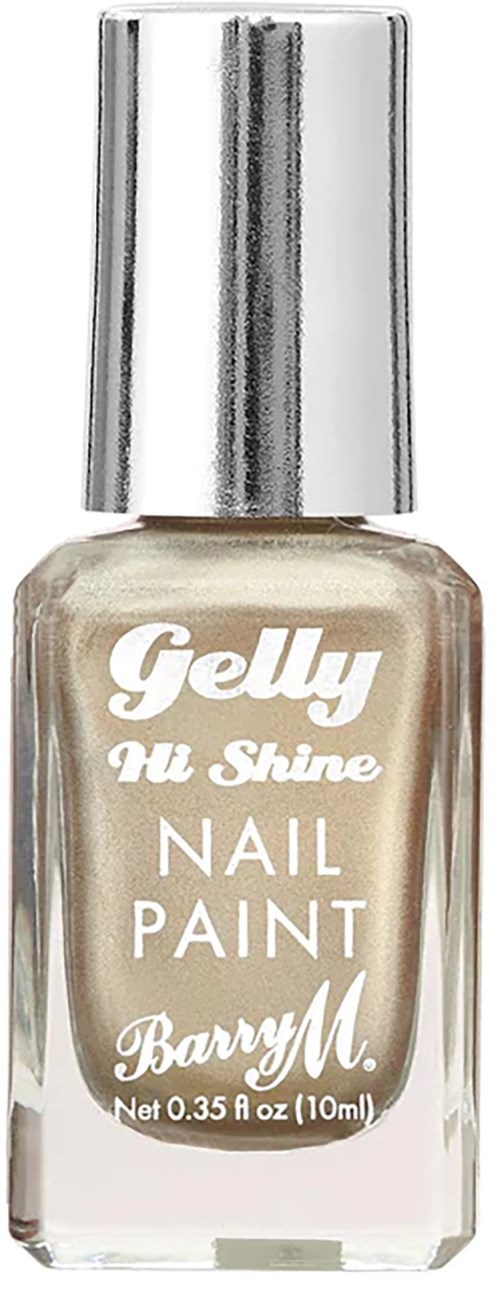 En flaska nagellack Gelly av Barry M, i beige färg med glänsande silverlock.