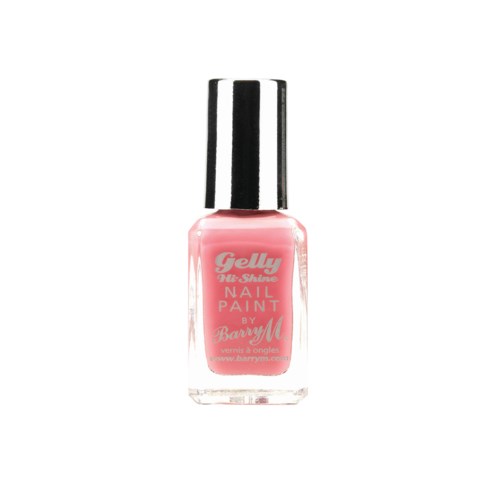 Rosefärgad nagellackflaska med silver- och svart cap, märkt "Gelly Hi-Shine Nail Paint by Barry M."