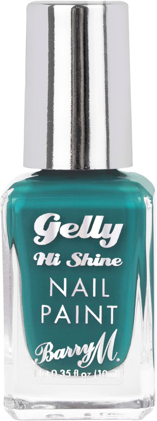 En nagellackflaska i tealfärg med silverlock och vit text, märkt Gelly Hi Shine Nail Paint av Barry M.