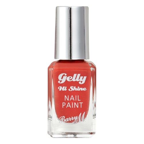 En flaska nagellack i korallfärg som heter Gelly Hi Shine. Den har en silverfärgad kork och logotext.