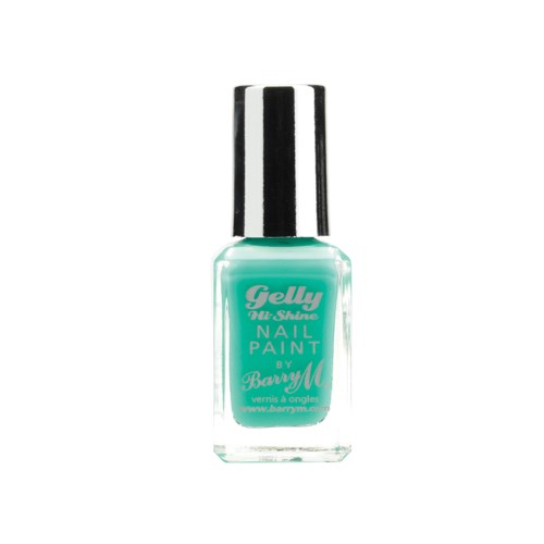 En flaska med turkost nagellack med en svart och vit randig topp. Etiketten säger 'Gelly Hi-Shine Nail Paint by Barry M.'