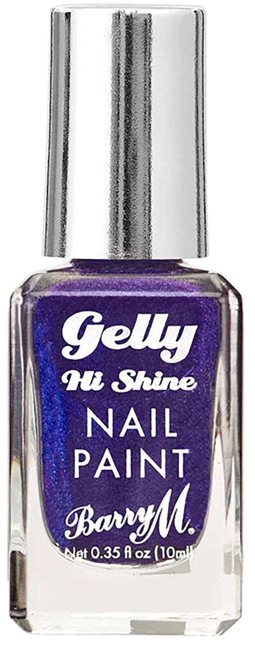 En liten glasflaska med lila nagellack med silverlock, märkt 'Gelly Hi Shine Nail Paint Barry M.'