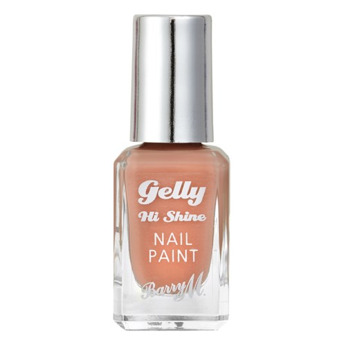 En flaska nagellack från Barry M Gelly Hi Shine i persikofärg med en silverlock.