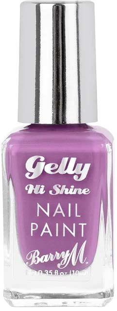 En lila nagellackflaska med silvrigt lock och orden "Gelly Hi Shine Nail Paint" på den.