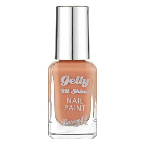 En flaska nagellack som heter 'Gelly Hi Shine Nail Paint' av Barry M. Den är persikofärgad med ett glansigt silverlock.