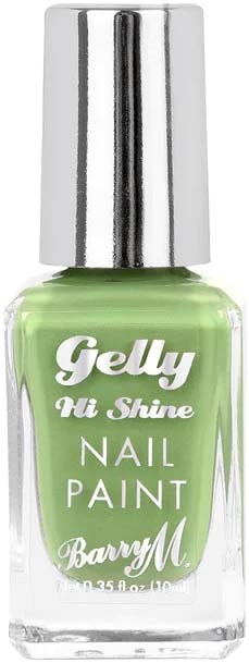 En liten grön flaska nagellack med silvrig topp, märkt 'Gelly Hi Shine Nail Paint Barry M'.