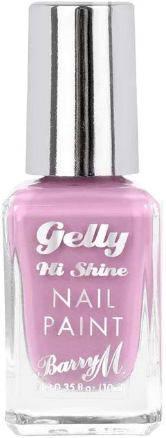 Pink nagellack i en genomskinlig flaska med ett silverlock. Etiketten säger Gelly, Nail Paint och Barry M.