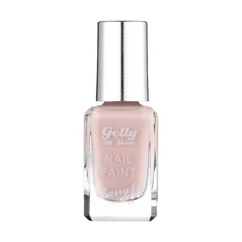 Ljusrosa nagellackflaska med en silverlock och vit text. Den står "Gelly" och "Nail Paint."