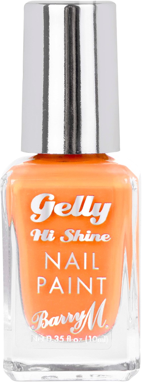 En nagellackflaska märkt 'Gelly Hi Shine Nail Paint Barry M' i orange färg med ett silverlock.