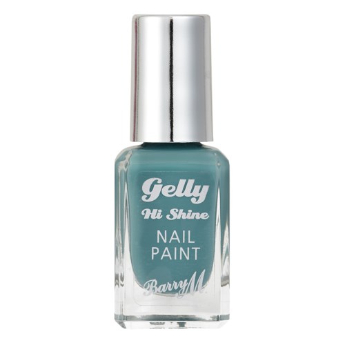 En flaska av Barry M Gelly Hi Shine nagellack i blågrön färg med en silverkork.