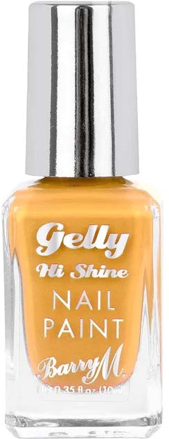 En flaska orange Gelly Hi Shine nagellack med en silverlock, märkt av Barry M.