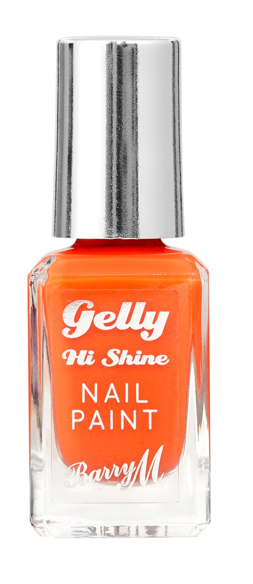 Orange nagellackflaska med silverlock, märkt Gelly Hi Shine Nail Paint av Barry M.