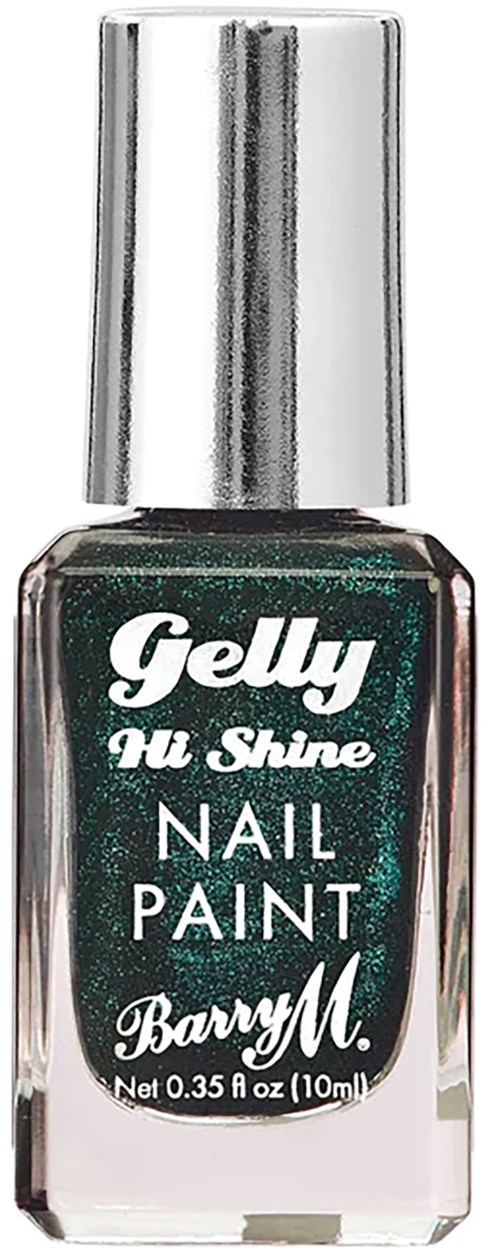 Grön nagellacksflaska med silverlock, märkt 'Gelly Hi Shine Nail Paint'.