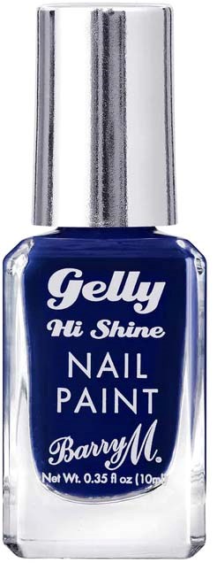 En blå nagellackflaska med silverlock och vit text, märkt Gelly Hi Shine Nail Paint av Barry M.