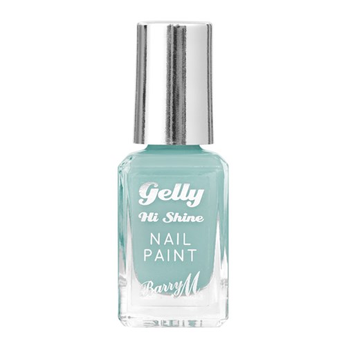 Kleine Flasche mit hellblauer Nagellack, silberner glänzender Verschluss, Etikett liest 'Gelly Hi Shine Nail Paint Barry M'.