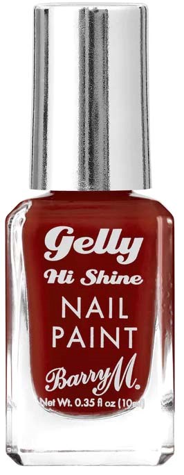 A small glass bottle of red nail polish with a silver cap, labeled "Gelly Hi Shine Nail Paint".