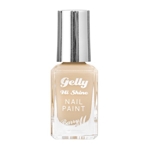 Kleines Fläschchen mit beigem Nagellack, silberner Kappe und weißem Etikett mit Aufschrift "Gelly Hi Shine Nail Paint."