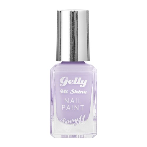 Eine lavendelfarbene Nagellackflasche mit silberner Kappe. Das Etikett liest "Gelly Hi Shine Nail Paint Barry M."