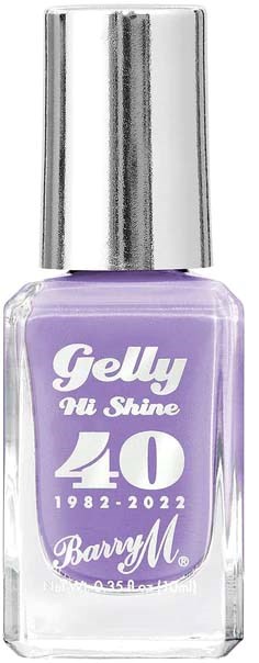 En liten lila nagellackflaska med silverlock, märkt med 'Gelly Hi Shine 40' och ett firandedatum.