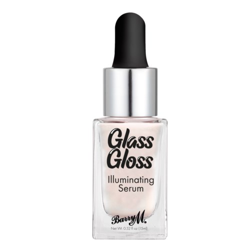 En liten glassflaske med svart dråpetrekk, merket 'Glass Gloss Illuminating Serum' av Barry M.
