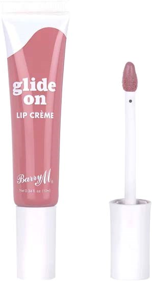 Ruusunvärinen huulikiilto, varustettu levityssovelluksella, merkattu "glide on" ja "lip crème".