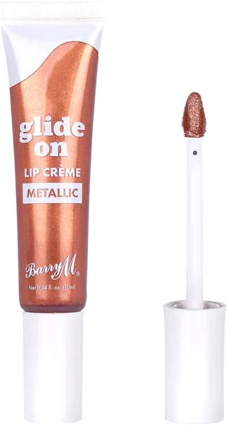 Metalowa tubka błyszczyka do ust z aplikatorem, oznaczona 'glide on lip creme metallic' od Barry M.