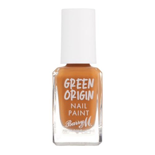En flaska brunt nagellack med vit kork, märkt 'Green Origin' av Barry M.