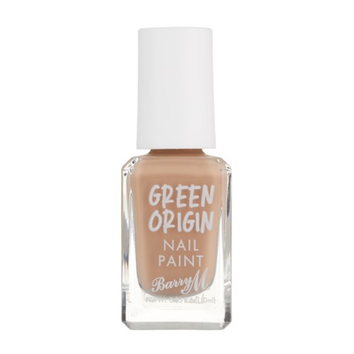 En flaska nagellack i nudefärg med vit kork, märkt 'Green Origin Nail Paint Barry M.'