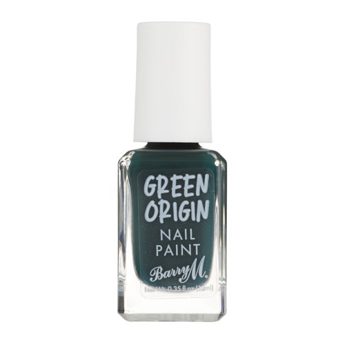 En flaska märkt "Green Origin Nail Paint" med vit lock, mörkgrön färg inuti och märket Barry M.