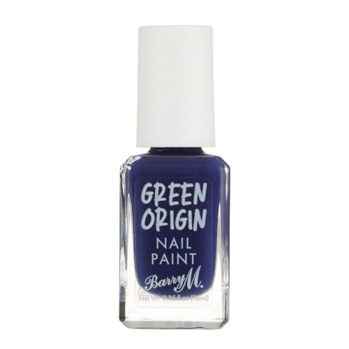 Blå nagellack i en genomskinlig flaska med vit kork. Etiketten säger "Green Origin" och "Nail Paint."